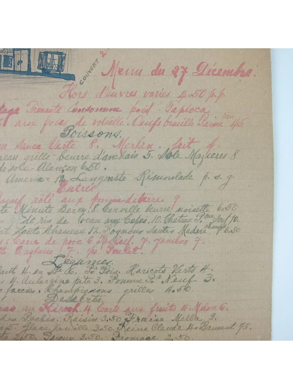 Antique 1920s Menu Cafe D'Alencon Montparnasse Paris France Wine Prices Handmade
